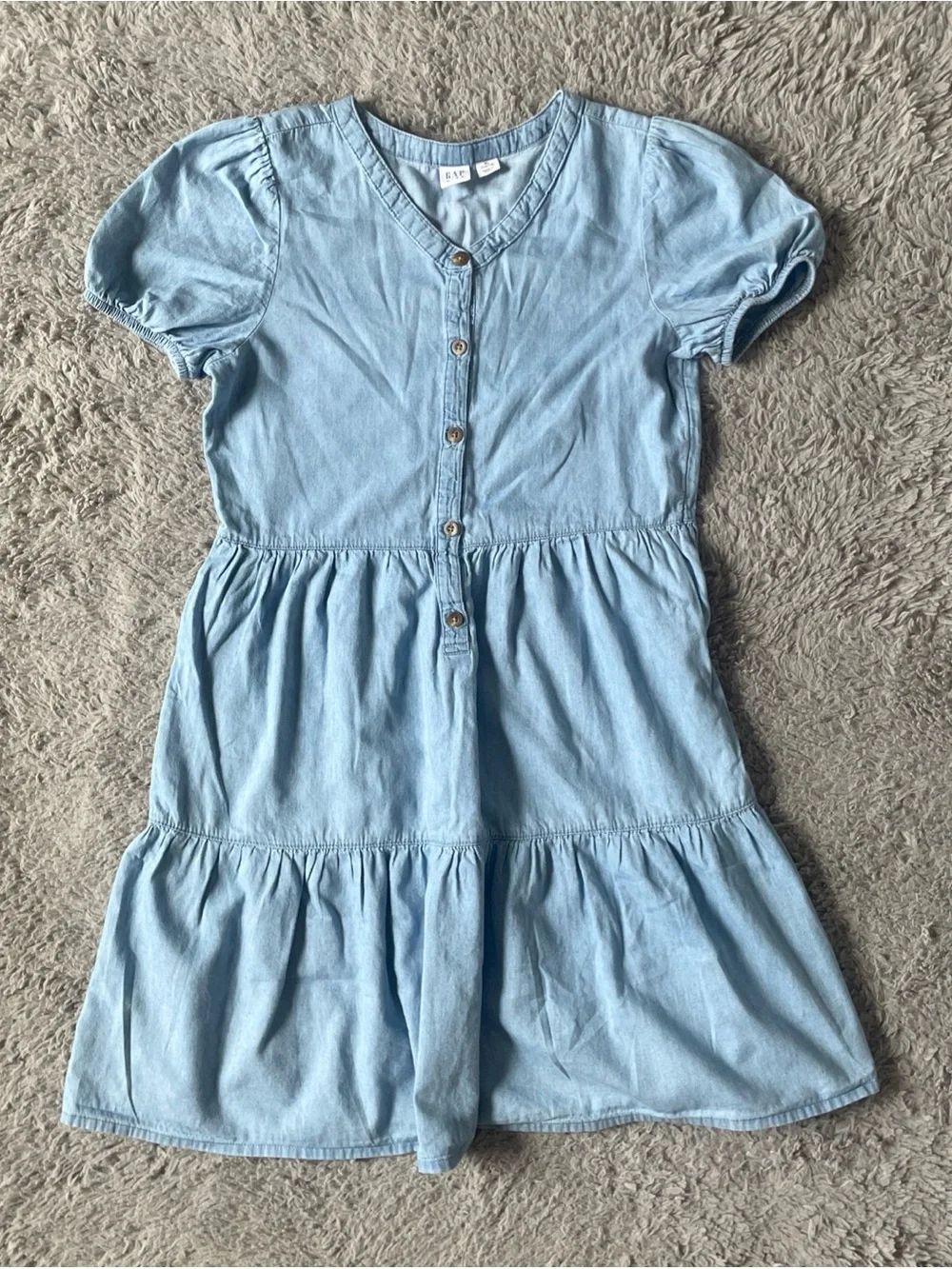 Gap Kids Girls Chambray Tiered Dress Size XL 14/16 Blue Denim Puff Sleeve Short